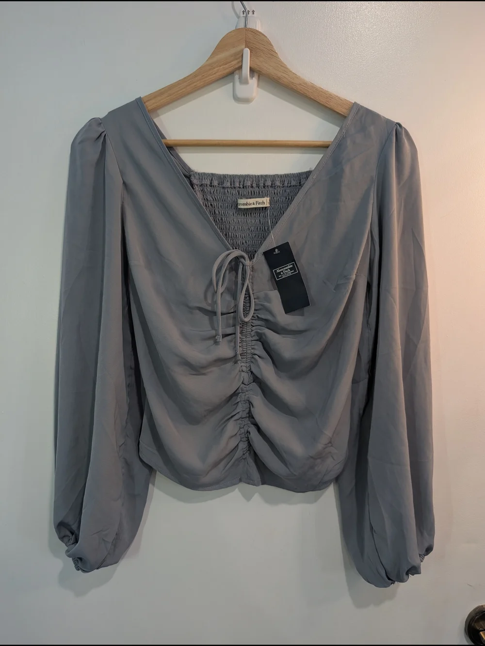 New Abercrombie & Fitch Slate Blue Smocked Ruched V-Neck Puff Sleeve Blouse XS